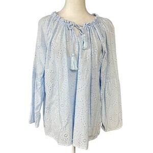 Pure Collection Blouse Womens US 8/10 Blue Eyelet Cotton Tassel Tunic Top Boho